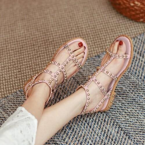 Flat shoes cow leather fashion Women shoe with rivets ZAR Woman 2021 Summer sandals open toe gladiator sandalias New