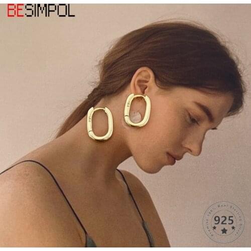 Besimpol Real 925 Sterling Silver Oval Earrings Vintage Geometric Minimalist Stylish Earrings for Women Luxury Fine Jewelry Gift