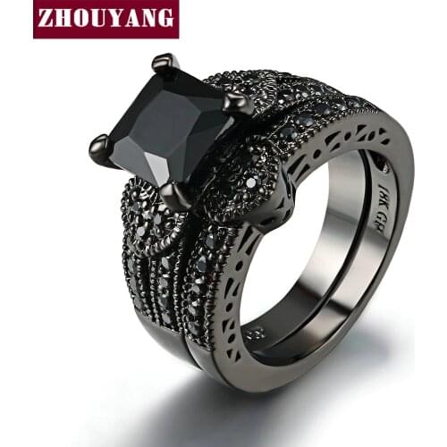 Love Heart Blcak Gold Color Ring Sets AAA Square Black Cubic Zirconia Luxury Jewelry For Men & Women Full Sizes R612