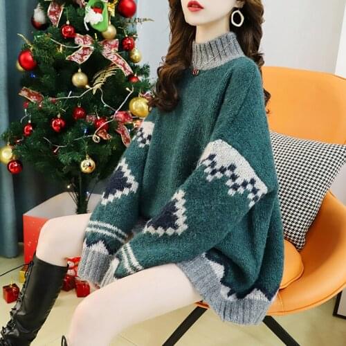 Vintage Half Turtleneck Sweater Womens Autumn Winter 2021 Korean Loose Jumpers Long Sleeve Color Matching Pullover Women