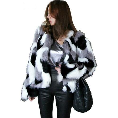 Women Elegant Fur Coats Mixed Color Faux Fur Coat Plus Size Long Sleeve Collarless Casual Woman Winter Fur Coats