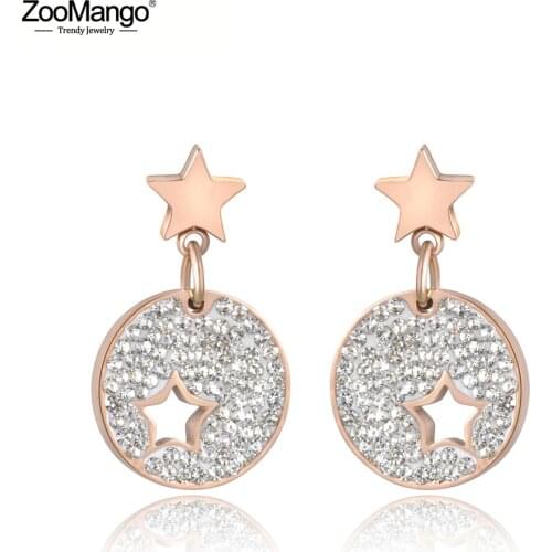 ZooMango Fashion Black White Crystal Star Earrings For Women Titanium Steel Rose Gold Female Stud Earrings Brincos ZE18019