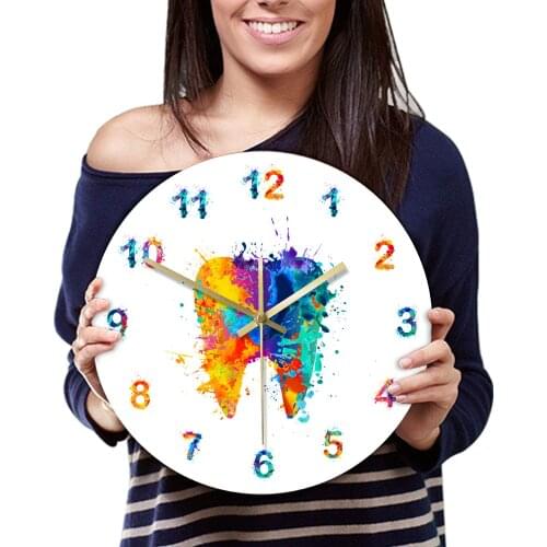 Tooth Watercolour Painting Print Wall Clock Medical Dental Clinic Wall Art Non ticking Wall Watch Orthodontist Dentist Gift