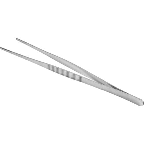 Stainless Steel Silver Long Food Tongs Straight Home Medical Tweezers Garden Kitchen Tool 30cm Anti Slip Tooth Grain Design