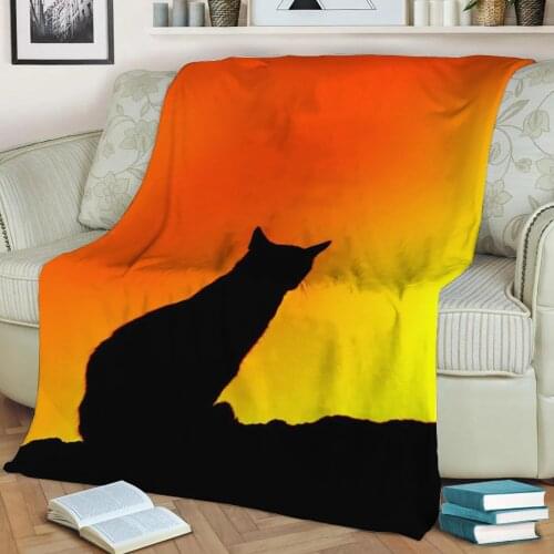 Black Cat at Sunset Flannel Throw Blanket 3D Printed Keep Warm Sofa Child Blanket Home Decor Textiles Dream Family Gift