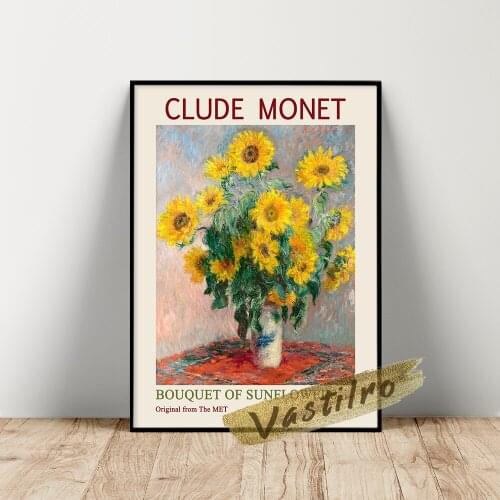Claude Monet Exhibition Museum Poster, Bunch Of Sunflowers Wall Painting, Monet Flower Leaf Wall Art, Vintage Plant Wall Decor