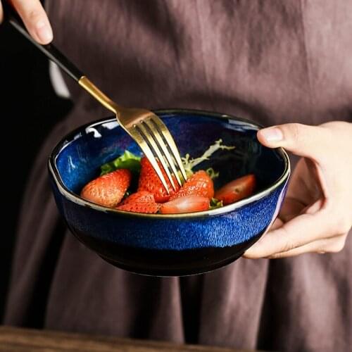 1Pcs KINGLANG Ceramic salad bowl Japanese ceramic bowl underglaze color soup noodle bowl fruit dessert bowl kiln big bowl