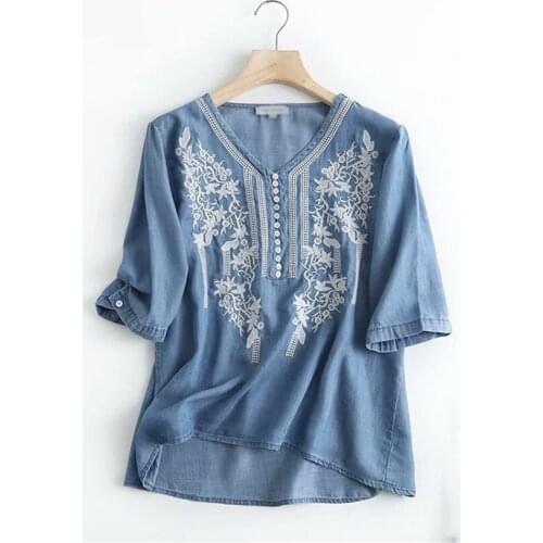 Summer Embrodiery Denim Shirt Women Boho Clothes Retro Ethnic Casual Shirts Jeans Blouse Tops Short Sleeve Blusa De Mujer 2021
