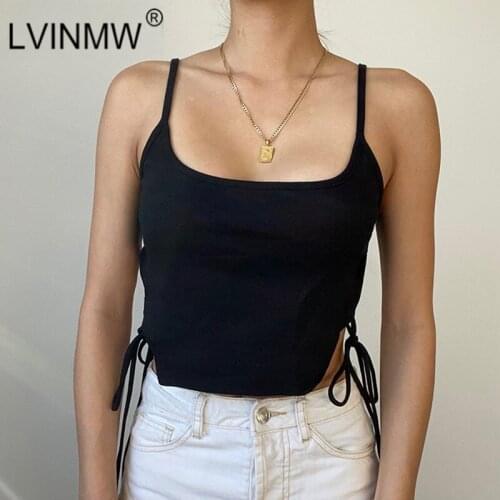 LVINMW Tank Tops Side Lace Up Solid Basic Casual Midriff Outfit Splice Split Sleeveless Simple Summer Crop Top Straps Navel Chic