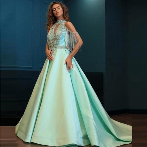 Sweet Halter Tassel Prom Dresses 2020 Applique Satin A-line Princess Dress Floor Length Evening Formal Gowns Custom Made
