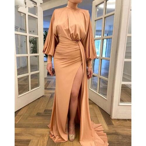 Muslim Evening Dresses A-line High Collar Long Sleeves Slit Dubai Saudi Arabia Long Evening Gown Prom Dress Robe De Soiree