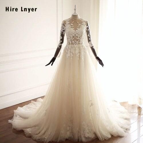 HIRE LNYER New Special High Neck Long Sleeve Beading Appliques Illusion A-line Wedding Dresses Plus Size Alibaba Vestido Branco