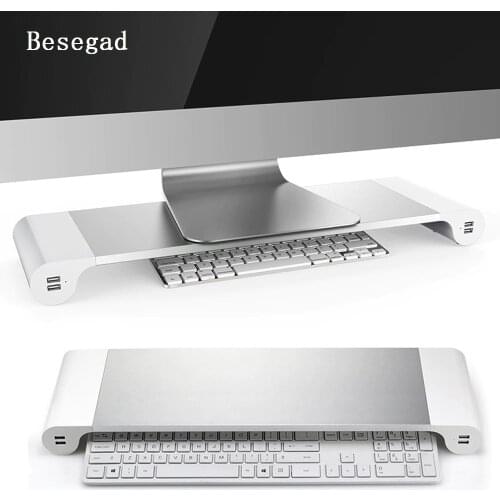 Besegad Aluminum Alloy 4 USB Ports Desktop Stand Space Bar Computer Laptop Monitor Dock Stand Riser for iMac MacBook EU US Plugs