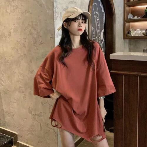 Cotton summer Korean 2021 new loose medium length lazy wind broken hole large salt T-shirt for women