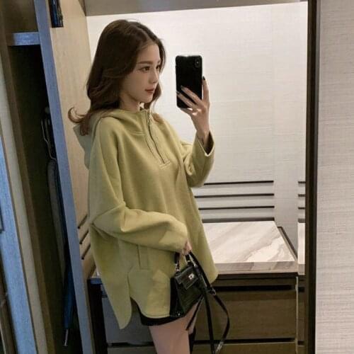 QRWR 2021 Spring Autumn New Hoodies Women Fashion Personality Hoodie Arc Hem Casual Loose Streetwear Womens Hoodie M-2XL