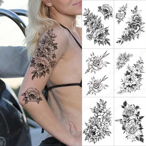Temporary Tattoo Sticker For Men Women Lines Roses Snake Flowers Waterproof Tatto Adult Peony Henna Body Art Decal Fake Tattoo