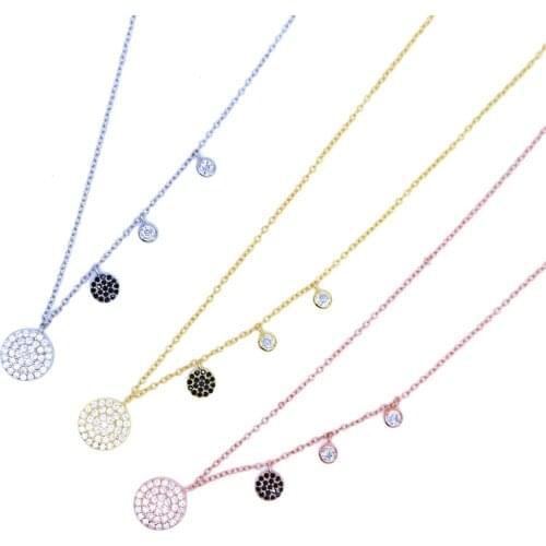 Real 925 Silver Multi Disc Charm Paved with White Black Cz Round Pendant Necklace with Tiny Chain Paved for Lady New Necklace