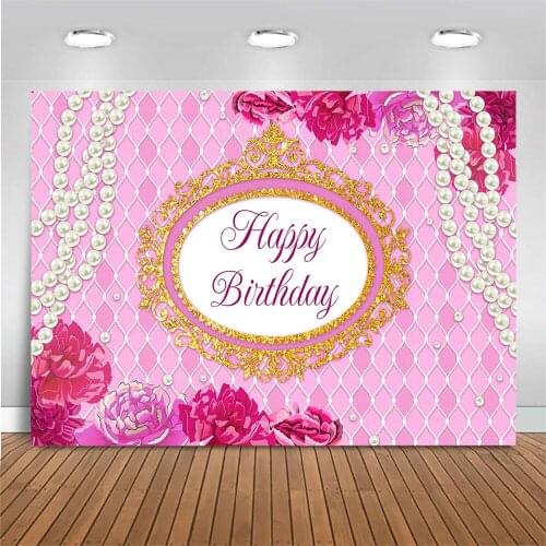 Happy Birthday Backdrop Pearl Rose Pink Photography Background Birthday Party Decor Banner Photo Background for Photo Studio