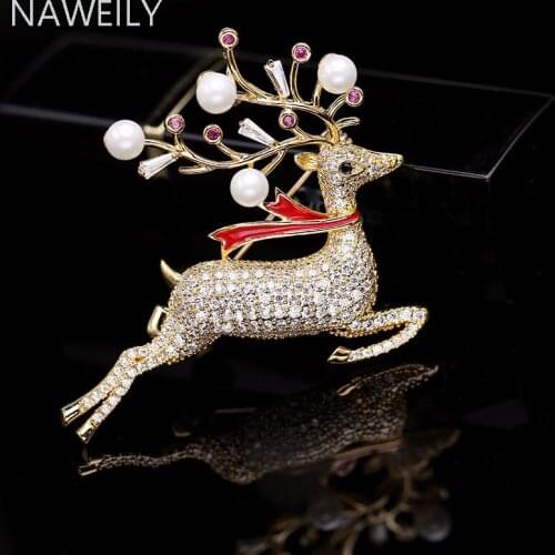 Lucky Deer Animal Brooches For Women Micro-set Zircon Pearl Brooch Pin Coat Accessories Christmas Gift