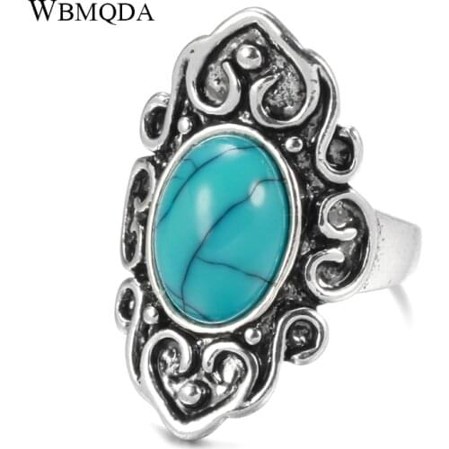 Wbmqda Hot Natural Stone Ring for Women Tibetan Silver Fashion Ethnic Bride Wedding Rings Ethnic Vintage Jewelry