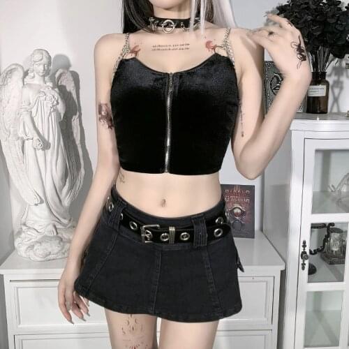 Womens Gothic Clothes Sling Tops Sexy Wrap Chest Metal Chain Camisole Vest Summer Crop Top Zipper Cyber Y2k топик женский g4