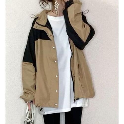 Casual Spring Women Jacket Top 2020 Korea Japan Fashion Zipper School Khaki Long Sleeve Coat Outwear Color Block Female Trench