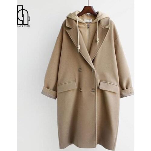 2021 Korean Fashion Patchwork Hooded Wool Coats Women Casual Loose Winter Thicken Fake Two Coat Jacket Streetwear Warm Outerwear