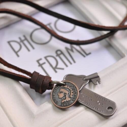 2016 punk fashion cowhide rope chian necklace with antique imintation Spartacus coin pendant for punk mans jewelry gift