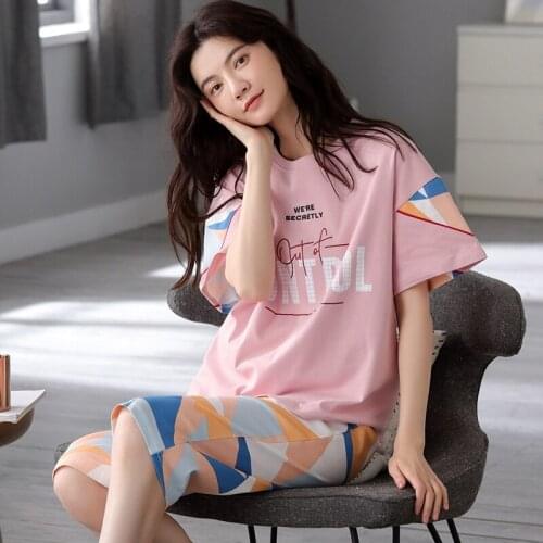 2021 Summer Plus Size Cotton Short Sleeve Knee Length Pajama Sets for Women Sleepwear Suit Pyjamas Homewear Pijama Mujer Clothes