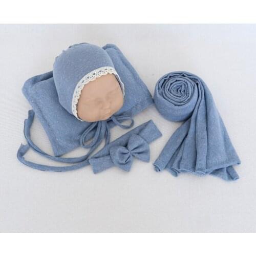 Blue Dots Posing Pillow Wrap Set Newborn Stretch Headband Bonnet Photography Props Baby Jersey Wrap Layer Photo Props 5 Piece