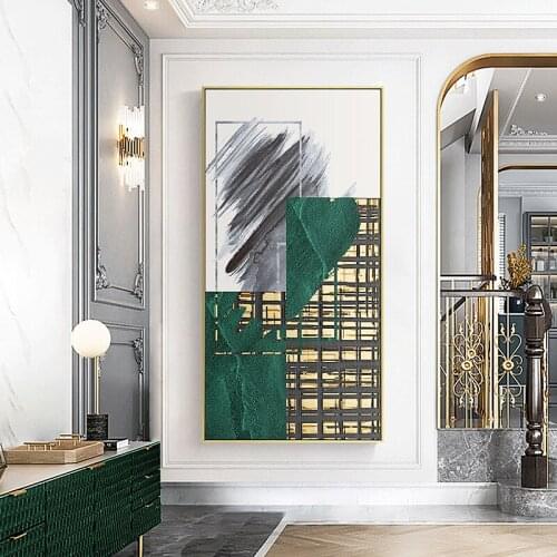 Abstract Canvas Painting Green Gold Geometric Line Art Stitching Posters and Prints Modern Aisle Home Decoration Wall Pictures