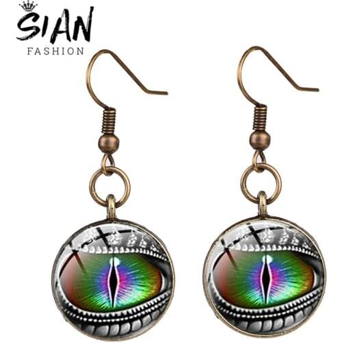 SIAN Vintage Punk Dragon Eye Long Hook Earring Evil Dragon Eye Animal Picture Glass Dome Bronze Silver Plated Earrings Handmade