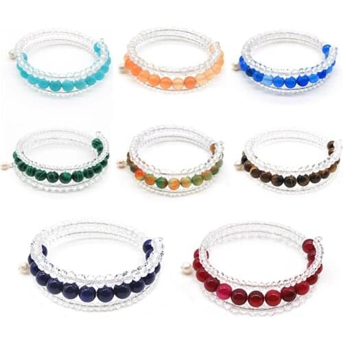 Pure Crystal and Round Gemstone Hand-made Wrap Bracelet 3 Layers Crystal and Stone Bangle 14 Colors Available for Female Gift