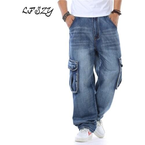 New Japan Style Brand Mens Straight Denim Cargo Pants Biker Jeans Men Baggy Loose Blue Jeans With Side Pockets Plus Size 40 46