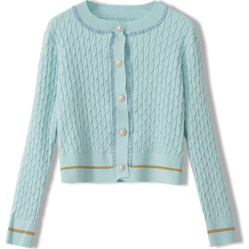 Elegant Designer Autumn High-End Women Cardigan O-Neck Twist Sweater Pearl Pink Cute Knitted All-Match Top Short Style Knitting