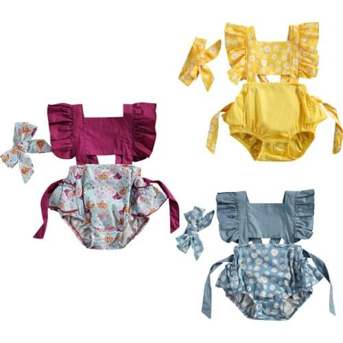 Citgeett Summer Newborn Baby Girls Boys Rompers Headband 2pcs Sunflowers Print Ruffles Short Sleeve Backless Jumpsuits