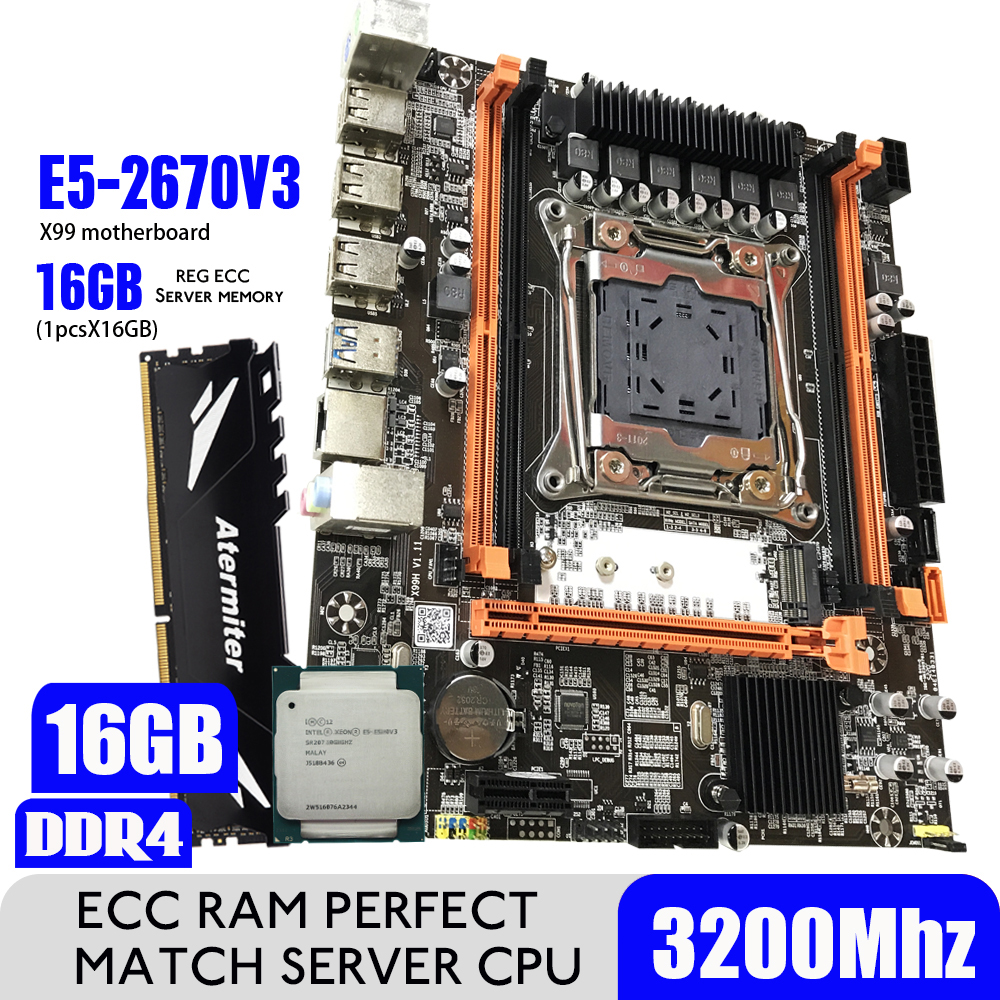 Atermiter X99 D4 Motherboard Set With Xeon E5 2670 V3 LGA2011-3 CPU 2pcs X 8GB =16GB 3200MHz DDR4 Memory REG ECC RAM