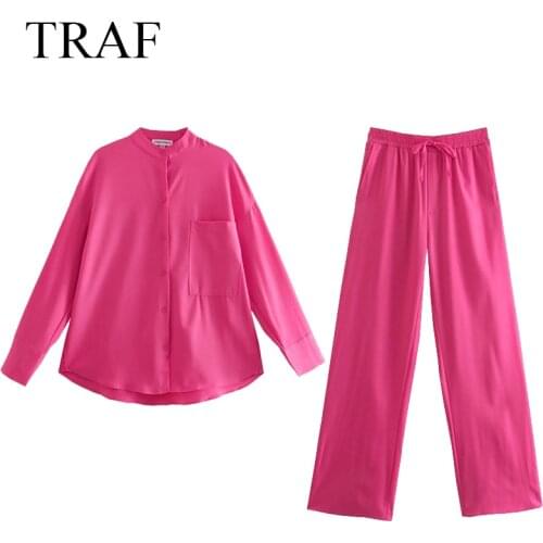 TRAF ZA Womens Blouse Fashion Casual Shirt Set Tracksuit Set Oversized Shirt 2 Pieces Sets Blouse High Waist Elastic Pants Suit