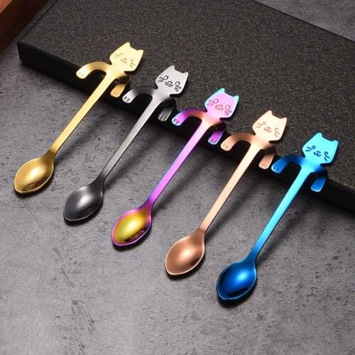 Hot sale coffee spoon Mini 304 Stainless Steel Cartoon Cat Spoon Long Handle Flatware Coffee Drinking Tools Kitchen Gadget