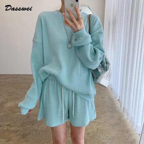 DASSWEI Fashion Tracksuit Womens Suit 2 Pieces Set Knitted Long Sleeve O-Neck Tops Elastic High Waist Shorts Female Casual Sets