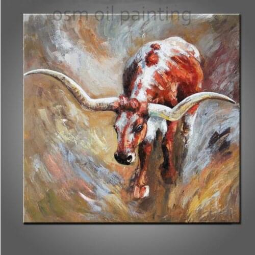 New Arrival Hand Painted Modern Animal Long Ox Horn Strong Bull Oil Painting on Canvas Wall Artwork Home Decor for Living Room