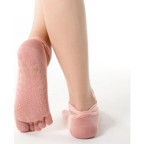 Womens five-finger solid color yoga socks, breathable pure cotton glue point non-slip split toe five-finger socks
