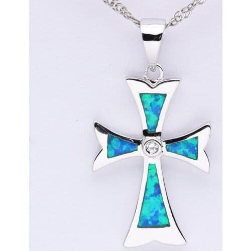 Free Chain Men Women Blue Opal Cross Necklace Pendant OP066