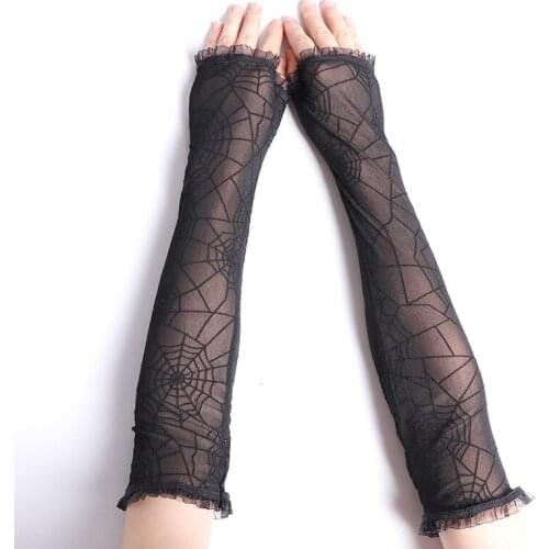 Fashion Sexy Summer Female Full Finger Sunscreen Short Lace Sleeve Women Driving Spider Web Pattern Sun Anti-UV Black Gloves C10