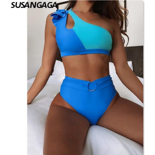Sexy Womens Swimsuit 2021 One Shoulder Swimwear High Waist Bikini High Cut Bathing Suit Cut Out Splicing Biquini Push Up Bather