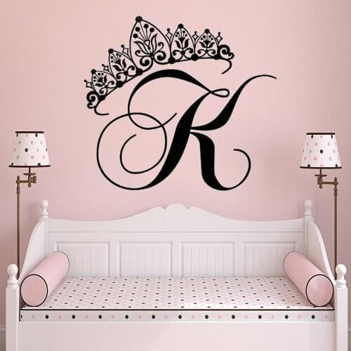 Custom Princess Crown Initial Letter Decal personality Initial wall sticker for kids girl rooms decoration Vinyl Decal HY354