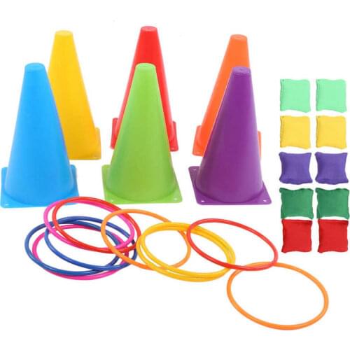 Garden Game Ring Toss Toy Set with 10PCS Bean Bag 6PCS Traffic Cone 10PCS Ring Outdoor Speed Agility Training Game Toy