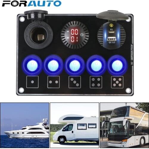 LED Voltage Display 5 Gang Car Switch Panel QC3.0 Quick Charge For RV Car Marine 12/24V