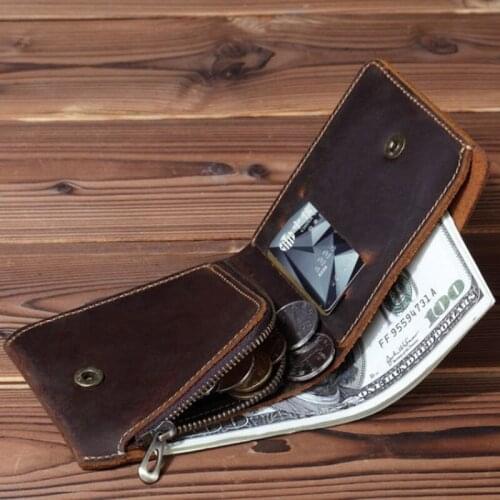 Vintage Handmade Genuine Leather Men Wallets Purse with Coin Pocket Short Zipper Travel Wallet Male Creative Design Portomonee