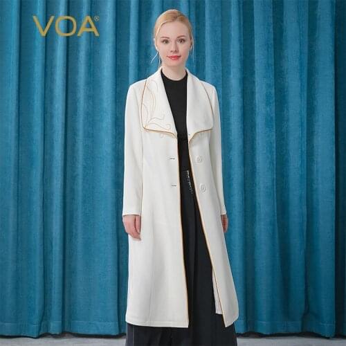 VOA Heavy Twisting Silk Lapel Arch Stitch Technology Golden Edge Skirt Style OL Mature Woman Solid Color Long Trench Coat FE61